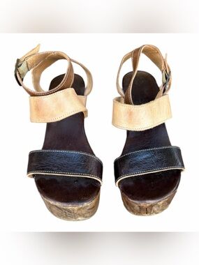 Bed Stu Two-Tone Tan and Dark Brown Wedge Sandals